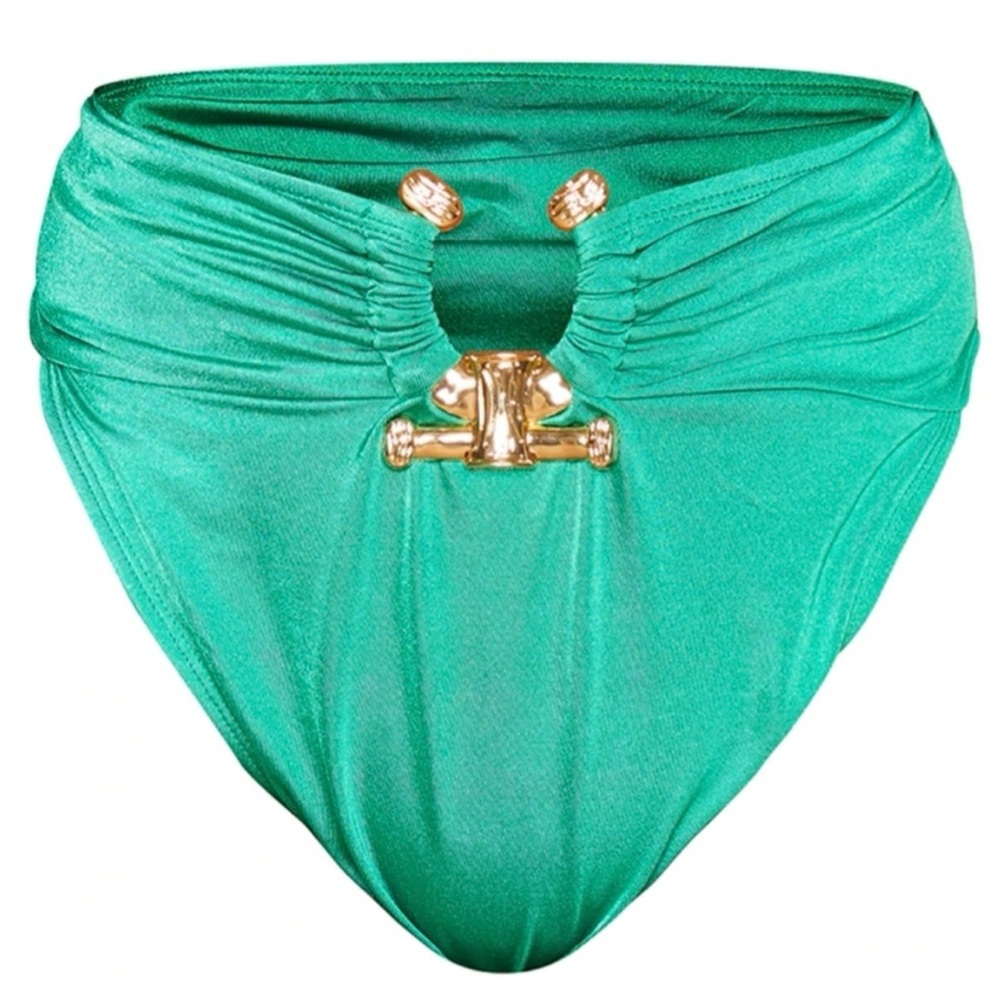 PrettyLittleThing | GREEN HAMMERED TRIM HIGH WAIST BIKINI BOTTOMS NWT US 14 - Picture 4 of 13